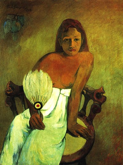 Junges Maedchen mit Faecher von Paul Gauguin als Kunstdruck auf Leinwand