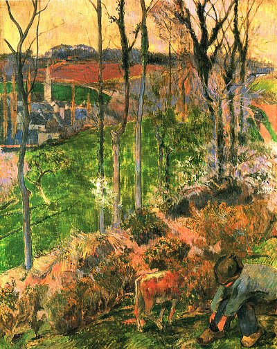 Kleiner Bretone den HOlzschuh richtend von Paul Gauguin als Kunstdruck auf Leinwand