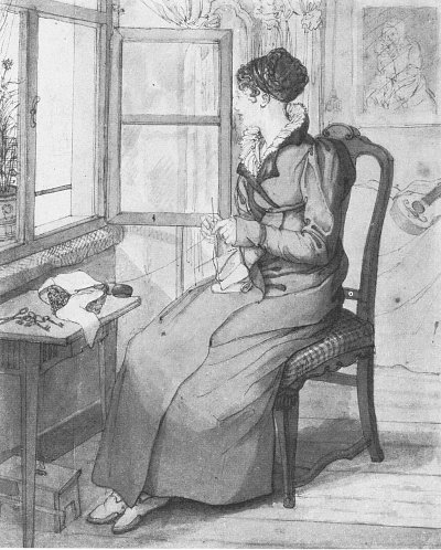 Strickende Frau am Fenster Kunstdruck