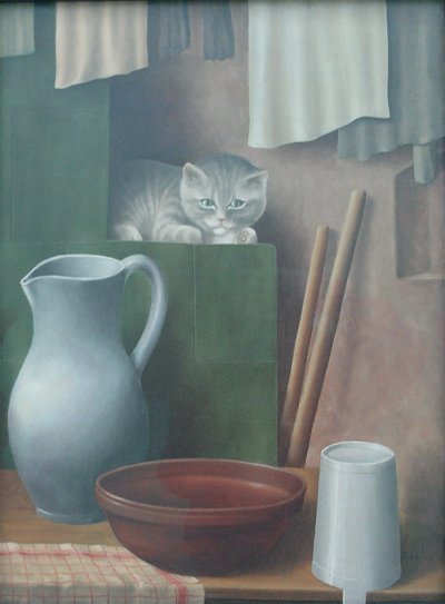 Stillleben mit Katze von Georg Schrimpf als Kunstdruck auf Leinwand