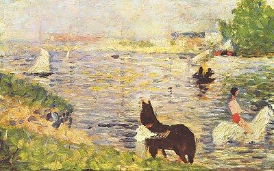 Weisses und schwarzes Pferd im Fluss von Georges Seurat als Kunstdruck auf Leinwand