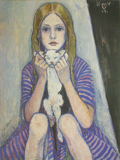 Mädchen mit Katze von Heinrich Vogeler als Kunstdruck auf Leinwand