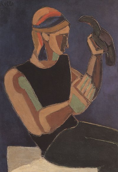 Sitzender Mann mit Vogel von Helmut Kolle als Kunstdruck auf Leinwand