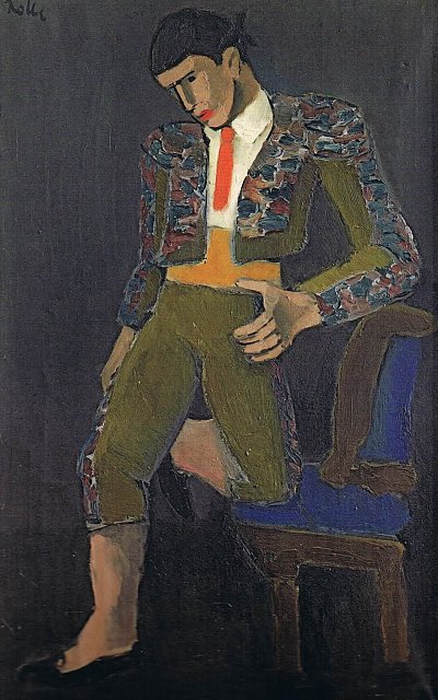 Torero mit einem Knie sich auf einen Stuhl stützend von Helmut Kolle als Kunstdruck auf Leinwand