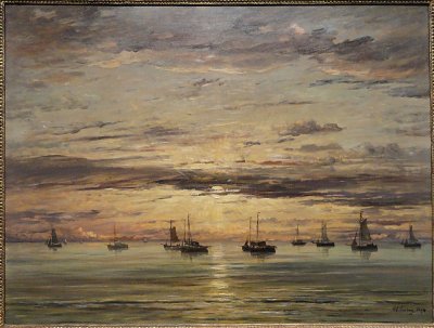 Sunset at Scheveningen A Fleet of Fishing Vessels at Anchor von Hendrik Willem Mesdag als Kunstdruck auf Leinwand