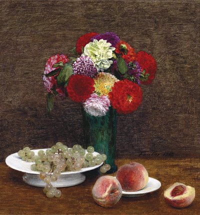 Nature morte Dahlias raisins et peches von Henri Fantin Latour als Kunstdruck auf Leinwand