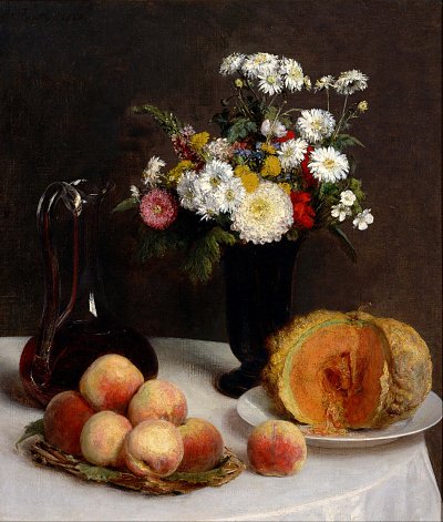 Still Life with a Carafe Flowers and Fruit von Henri Fantin Latour als Kunstdruck auf Leinwand