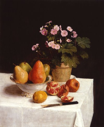 Still life primroses pears and promenates von Henri Fantin Latour als Kunstdruck auf Leinwand