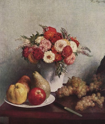 Stilleben mit Blumen und Fruechten von Henri Fantin-Latour als Kunstdruck auf Leinwand
