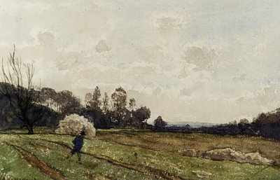 A Farmer Crossing a Field von Henri Harpignies als Kunstdruck auf Leinwand