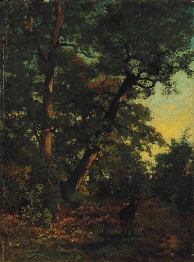 Ein Hirsch im Wald von Henri Harpignies als Kunstdruck auf Leinwand