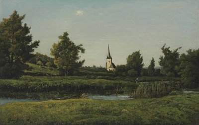 Vue d un village von Henri Harpignies als Kunstdruck auf Leinwand