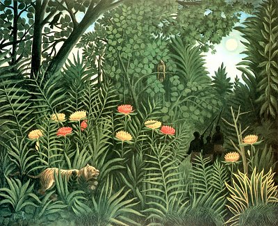 Urwald mit Tiger und Jaegern von Henri Rousseau als Kunstdruck auf Leinwand