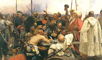 Die Saporoger Kosaken schreiben dem tuerkischen Sultan einen Brief von Ilya Repin als Kunstdruck auf Leinwand