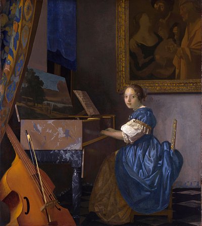 Zittende Klavecimbelspeelster von Jan Vermeer als Kunstdruck auf Leinwand