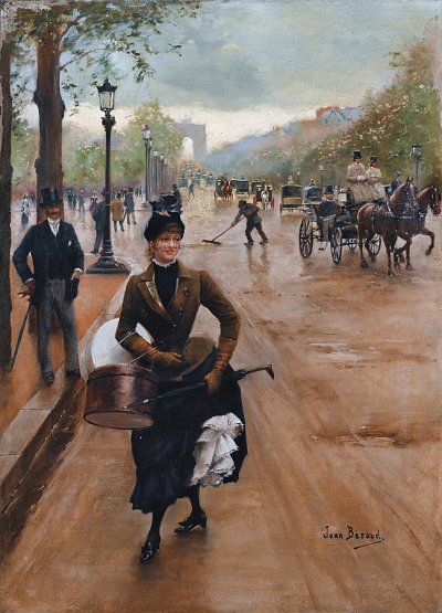 La Modiste Sur Les Champs Elysees von Jean Beraud als Kunstdruck auf Leinwand