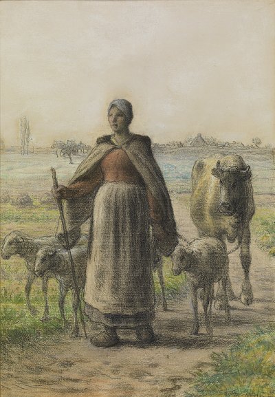 Paysanne conduisant aux champs sa vache es ses moutons von Jean Francois Millet als Kunstdruck auf Leinwand