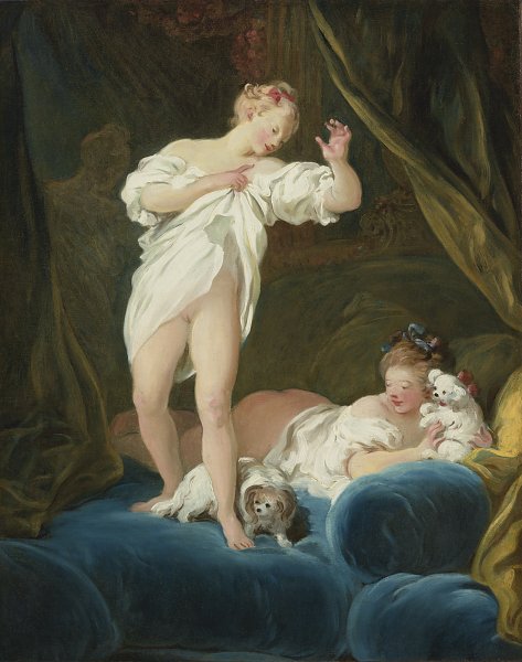 Kunstdruck TWO GIRLS ON A BED PLAYING WITH THEIR DOGS von Jean Honore Fragonard als Leinwandbild