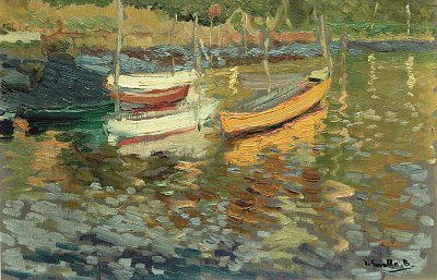 Barcas en paisaje von Joaquin Sorolla als Kunstdruck auf Leinwand