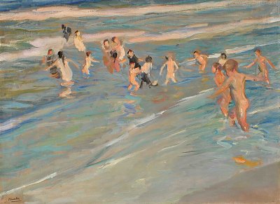 Niños jugando en la playa Valencia von Joaquin Sorolla als Kunstdruck auf Leinwand