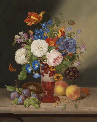 Blumenstrauß in einer Vase umgeben von Früchten von Johann Georg Seitz als Kunstdruck auf Leinwand