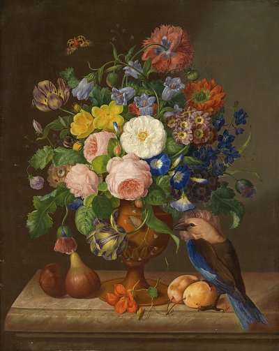 Blumenstrauß mit Vogel von Johann Georg Seitz als Kunstdruck auf Leinwand