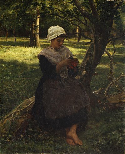 A peasant girl knitting von Jules Breton als Kunstdruck auf Leinwand