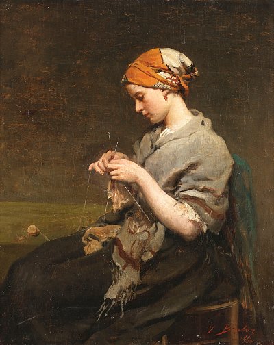 Jeune fille tricotant von Jules Breton als Kunstdruck auf Leinwand