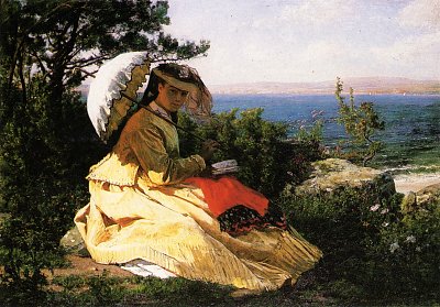 La femme a l ombrelle von Jules Breton als Kunstdruck auf Leinwand