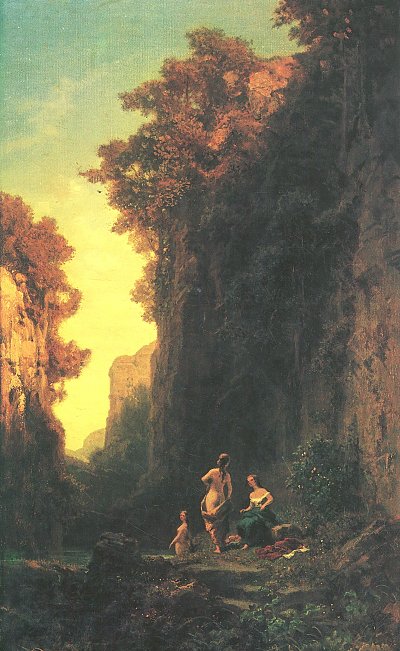 Badende Frauen in einer Schlucht von Karl Spitzweg als Kunstdruck auf Leinwand