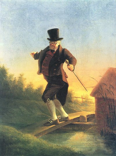 Das Schulmeisterlein auf dem Steg Gefaehrliche Passage von Karl Spitzweg als Kunstdruck auf Leinwand