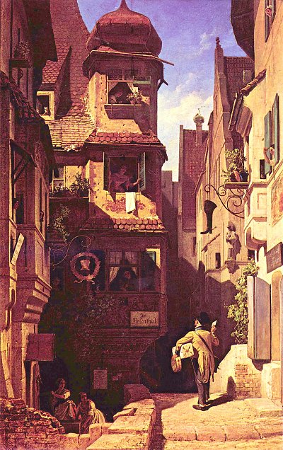 Der Briefbote im Rosenthal von Karl Spitzweg als Kunstdruck auf Leinwand