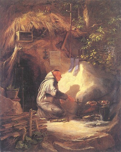 Eremit Huehnchen bratend von Karl Spitzweg als Kunstdruck auf Leinwand