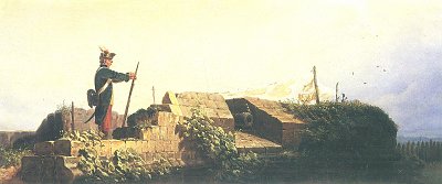 Frieden im Lande Auf der Bastei Schildwache von Karl Spitzweg als Kunstdruck auf Leinwand