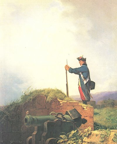 Gaehnende Schildwache Auf der Bastei von Karl Spitzweg als Kunstdruck auf Leinwand