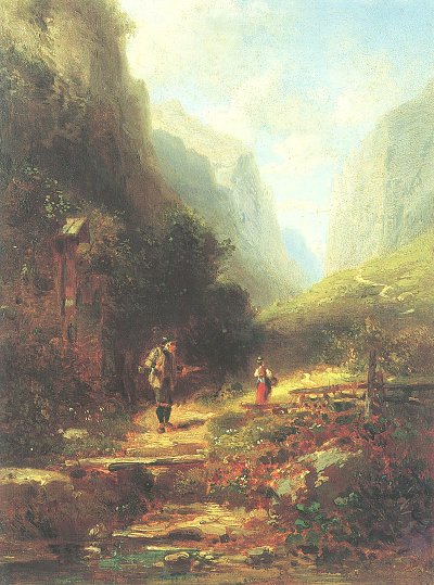 Sennerin und nachblickender Jaeger von Karl Spitzweg als Kunstdruck auf Leinwand