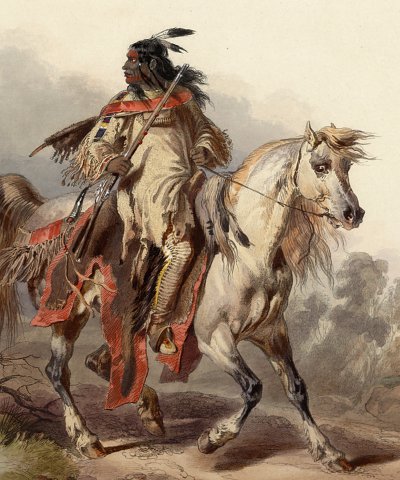 Schwarzfuss Krieger reitet ein graues Pferd von Karl Bodmer als Kunstdruck auf Leinwand