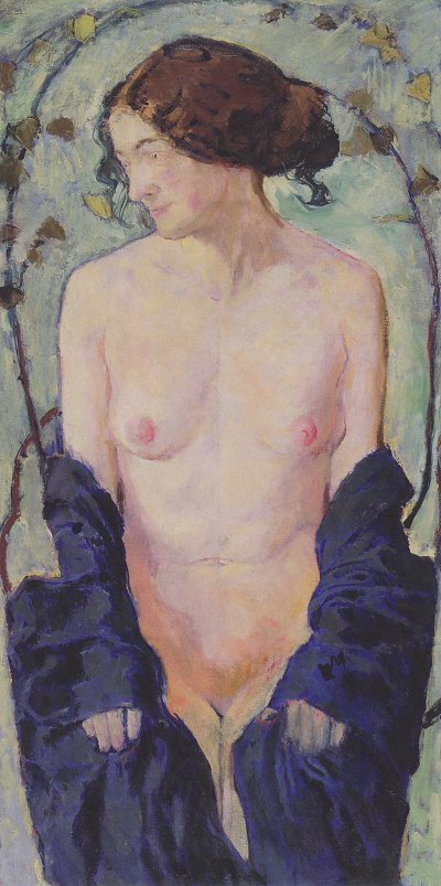 Weiblicher Akt mit blauem Tuch von Koloman Moser als Kunstdruck auf Leinwand
