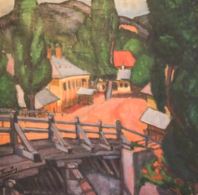 Nagybanya Street View with Bridge von Lajos Tihanyi als Kunstdruck auf Leinwand