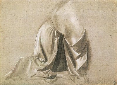 GEwandstudie fuer eine knieende Figur im Profil nach rechts von Leonardo da Vinci als Kunstdruck auf Leinwand