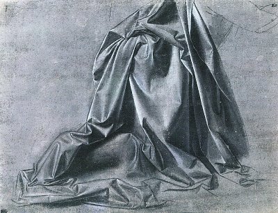 Gewandstudie fuer eine kniende Figur mit verlorenem Profil nach rechts von Leonardo da Vinci als Kunstdruck auf Leinwand