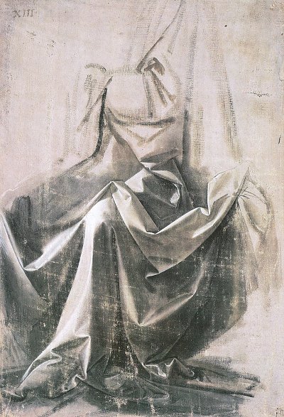 Gewandstudie fuer eine sitzende Figur im Dreiviertelprofil nach links von Leonardo da Vinci als Kunstdruck auf Leinwand