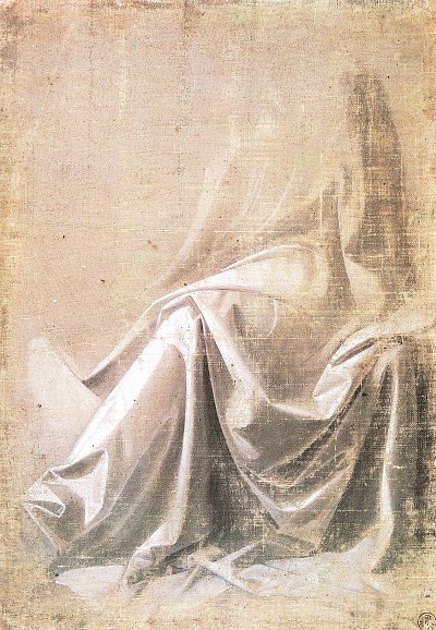 Gewandstudie fuer eine sitzende Figur in Dreiviertelansicht nach links von Leonardo da Vinci als Kunstdruck auf Leinwand