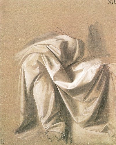 Studie zu einem Gewand ueber dem linken Bein einer sitzenden Figur von Leonardo da Vinci als Kunstdruck auf Leinwand