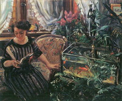 Dame am Goldfischbassin von Lovis Corinth als Kunstdruck auf Leinwand