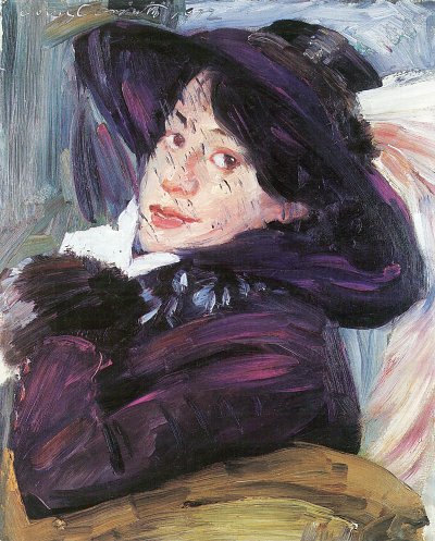 Damenportraet mit lila Hut von Lovis Corinth als Kunstdruck auf Leinwand