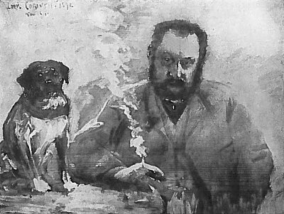 Herr am Tisch mit Hund von Lovis Corinth als Kunstdruck auf Leinwand