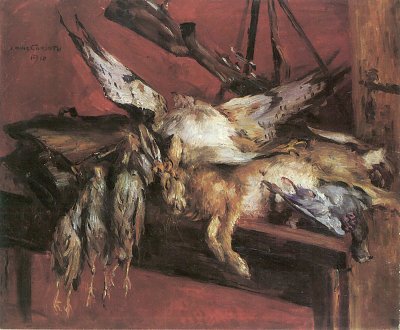 Jagdstillleben Hase und Rebhuehner von Lovis Corinth als Kunstdruck auf Leinwand