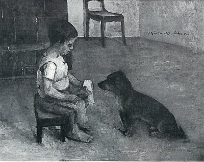 Kind mit Butterbrot und Hund von Lovis Corinth als Kunstdruck auf Leinwand