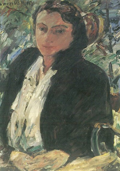 Portraet Charlotte Corinth in gruener Samtjacke von Lovis Corinth als Kunstdruck auf Leinwand